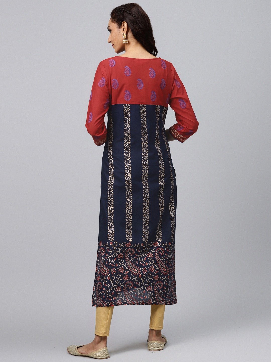 Women's Red And Blue Floral Ajrakh Hand Block Cotton Printed Straight Kurta - Noz2Toz