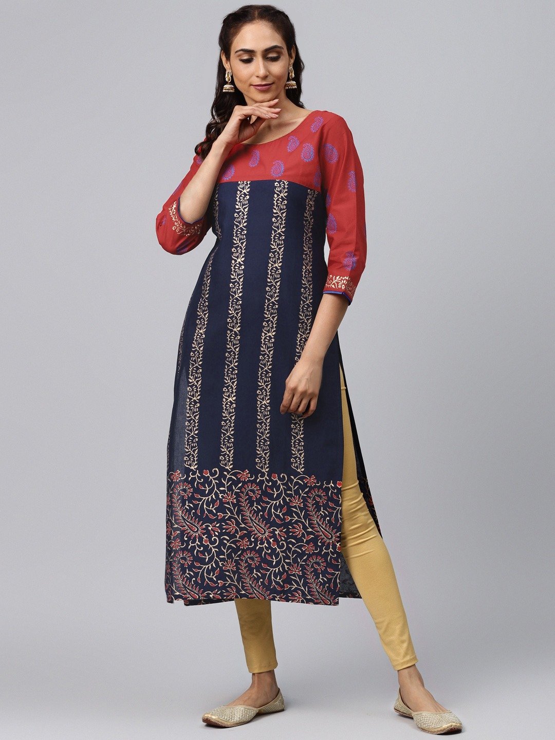 Women's Red And Blue Floral Ajrakh Hand Block Cotton Printed Straight Kurta - Noz2Toz