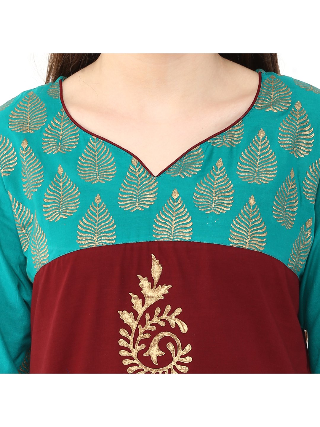 Women's Turquoise And Maroon Hand Block Cotton Printed Straight Kurta - Wahe-Noor