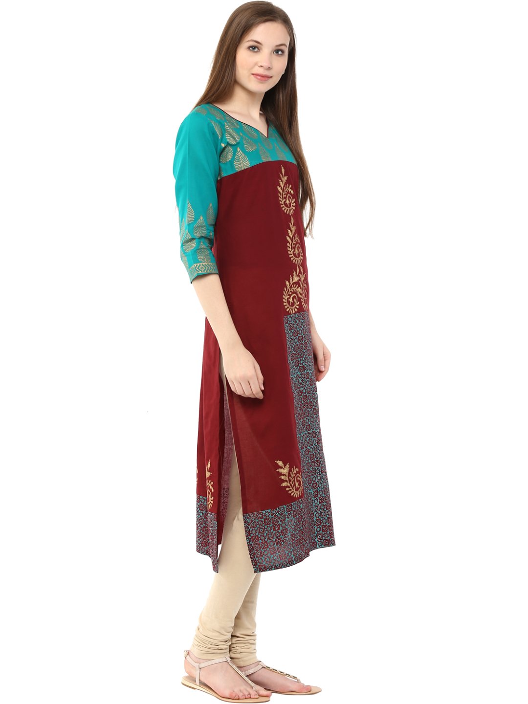 Women's Turquoise And Maroon Hand Block Cotton Printed Straight Kurta - Wahe-Noor