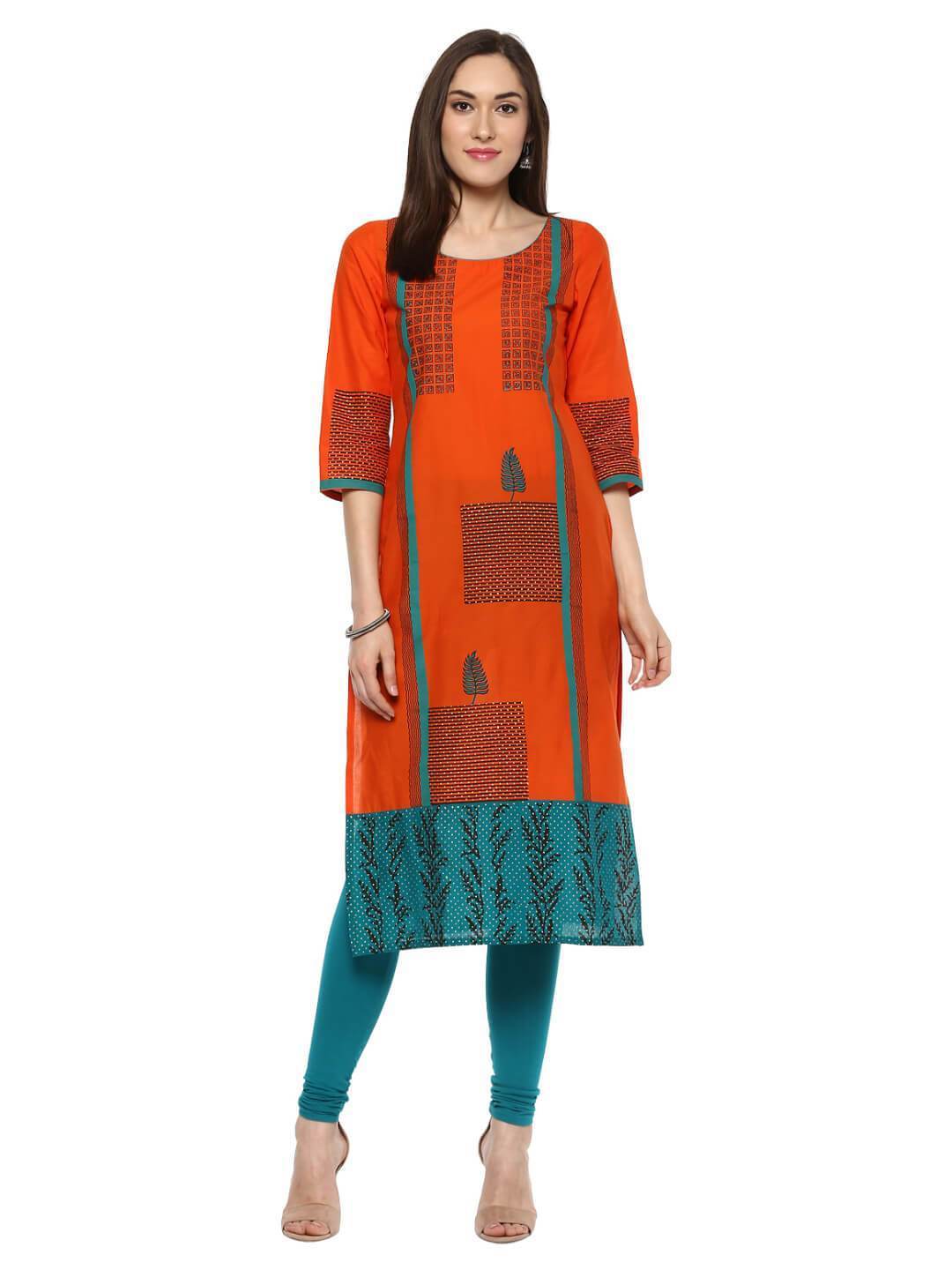 Women's Orange & Turquoise Ajrakh Hand Block Cotton Printed Straight Kurta - Noz2Toz