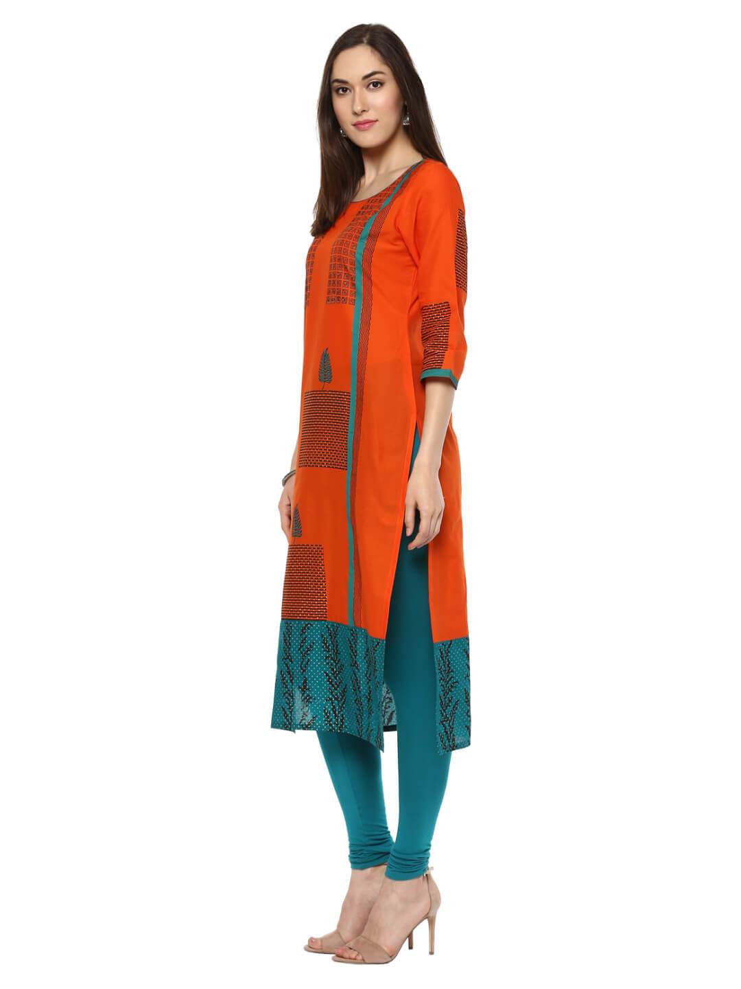 Women's Orange & Turquoise Ajrakh Hand Block Cotton Printed Straight Kurta - Noz2Toz