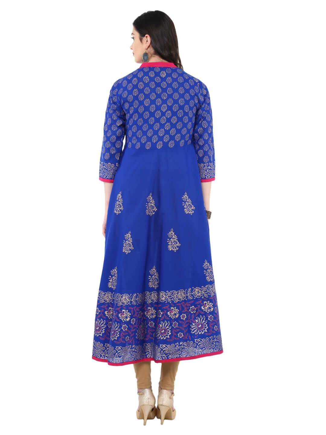 Women's Royal Blue Festive Ajrakh Hand Block Cotton Printed Anarkali - Wahe-Noor