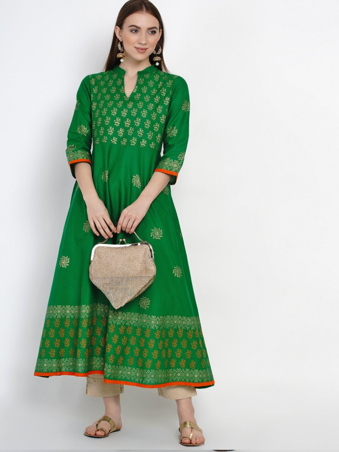 Women's Festive Green Cotton Anarkali With Ajrakh Hand Block Print - Wahe-Noor