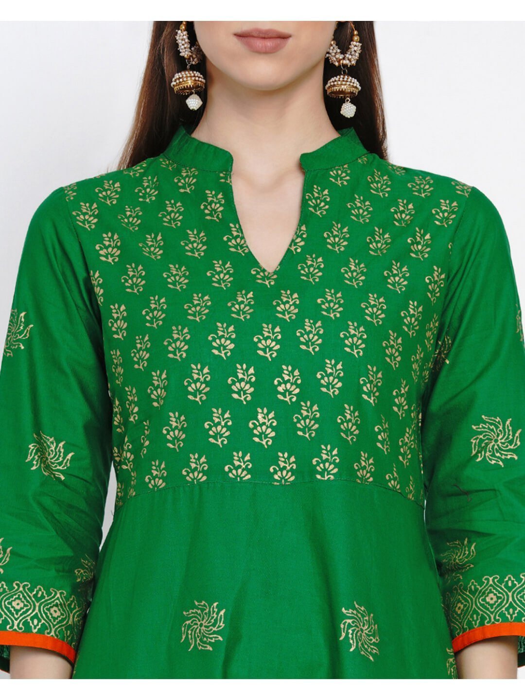 Women's Festive Green Cotton Anarkali With Ajrakh Hand Block Print - Noz2Toz