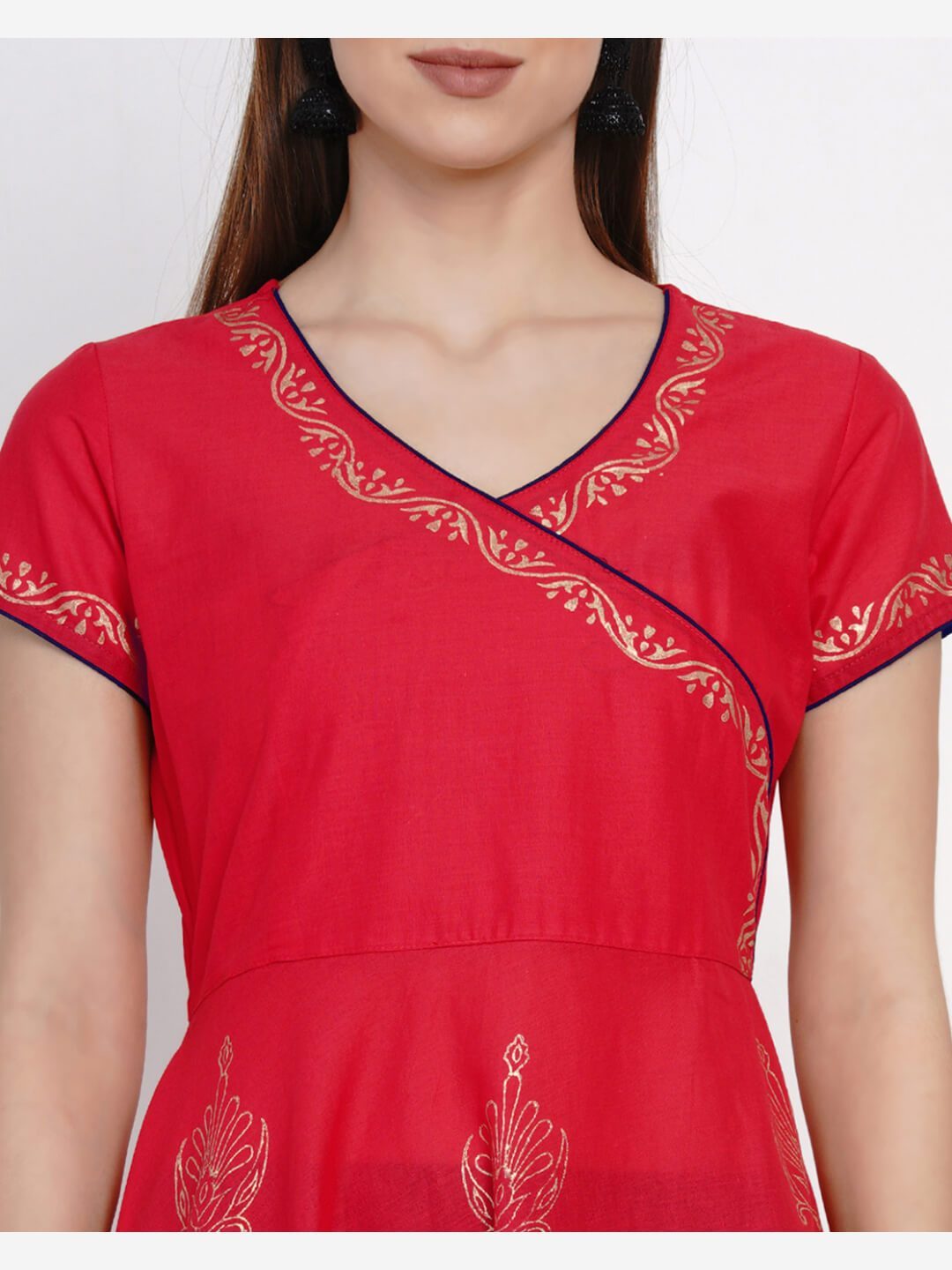 Women's Coral Red Overlap Ajrakh Hand Block Cotton Printed Anarkali - Wahe-Noor