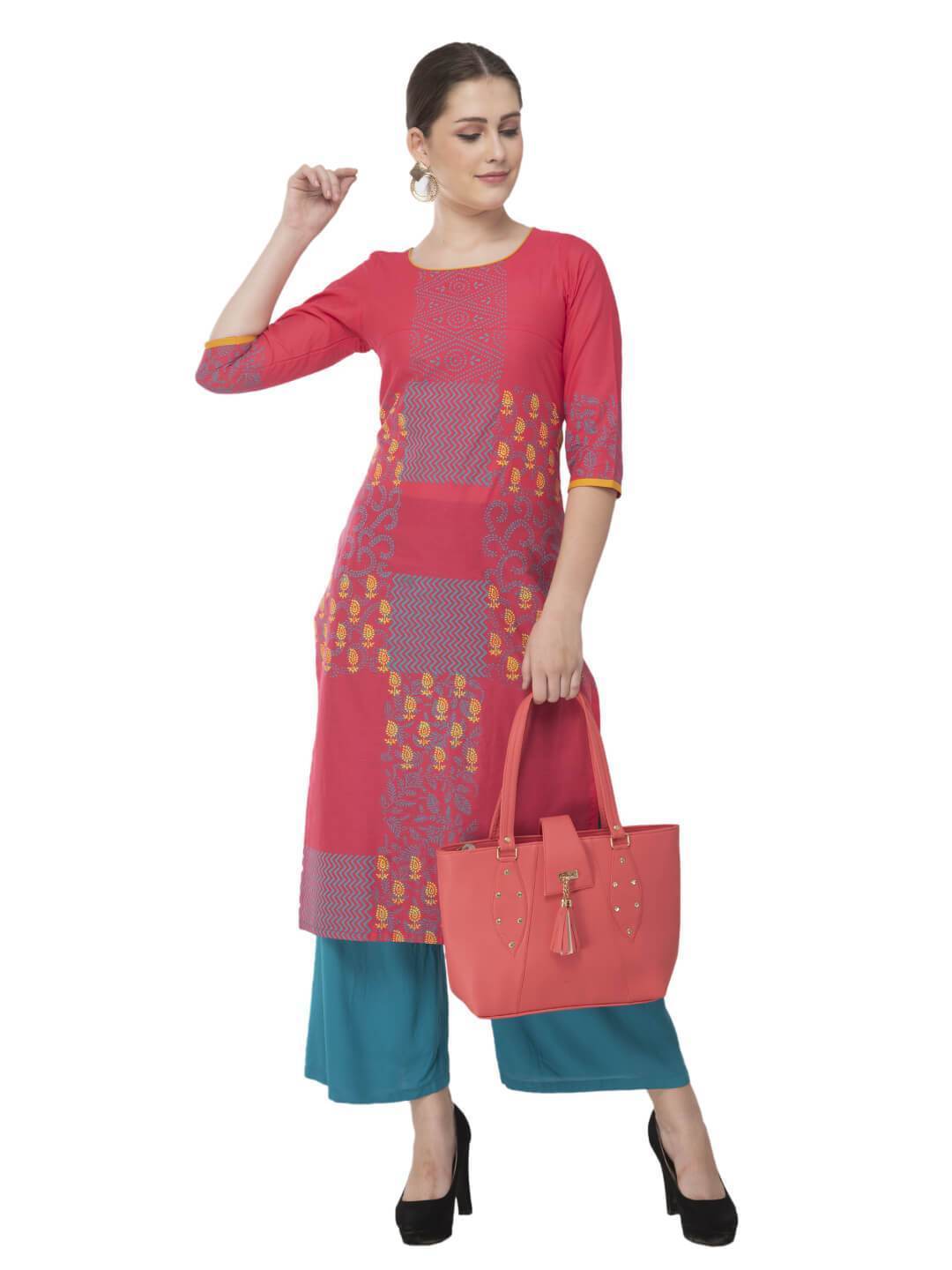 Women's Pink & Turquoise Festive Ajrakh Hand Block Cotton Printed Straight Kurta  - Noz2Toz
