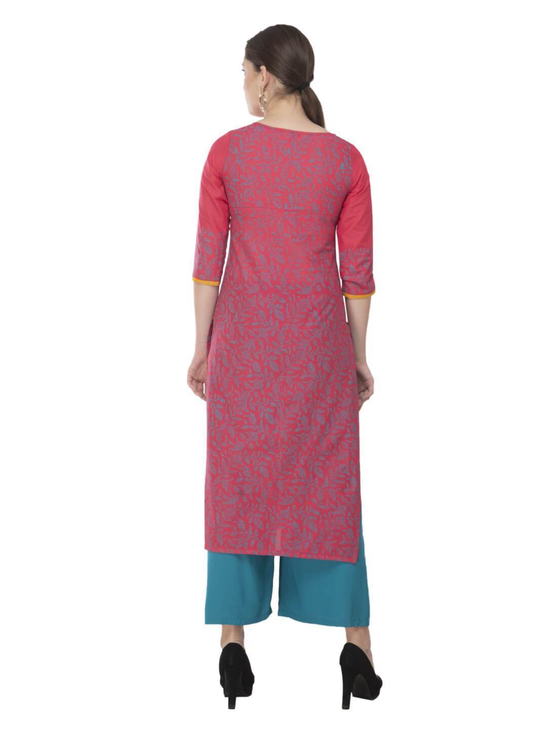 Women's Pink & Turquoise Festive Ajrakh Hand Block Cotton Printed Straight Kurta  - Noz2Toz