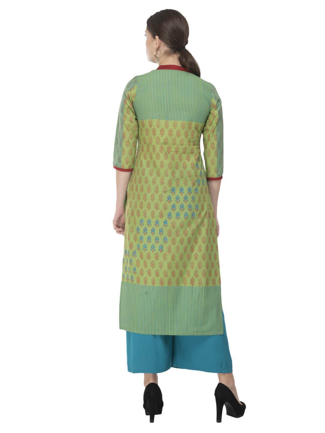 Women's Pastel Green & Turquoise Hand Block Printed Cotton Kurta - Wahe-Noor