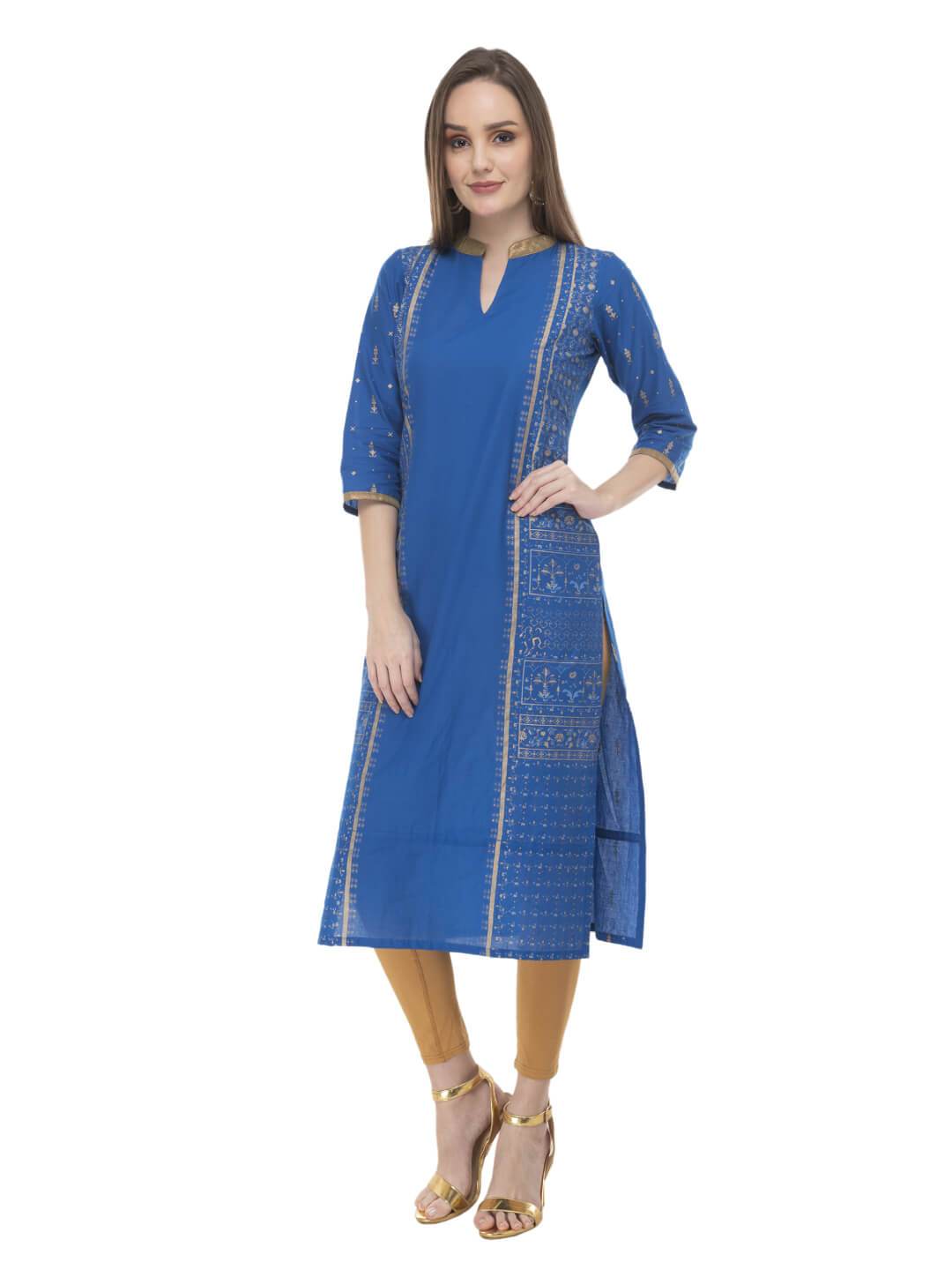 Women's Royal Blue Ajrakh Hand Block Cotton Printed Straight Kurta With Collar Detail - Wahe-Noor
