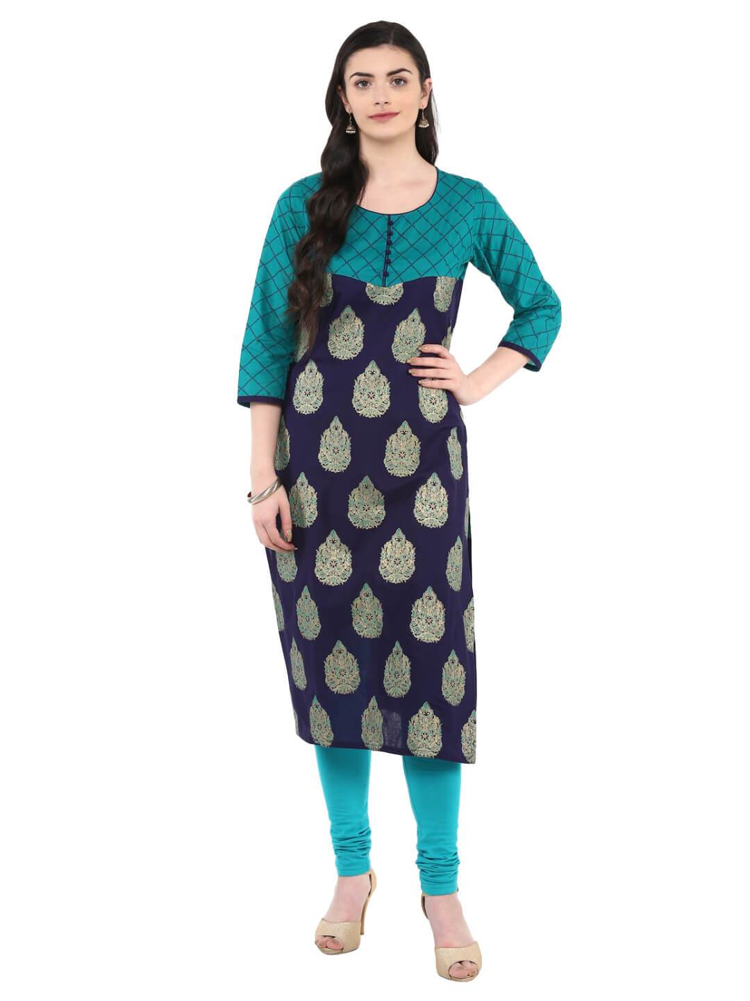 Women's Indigo And Turquoise Ajrakh Hand Block Cotton Printed Straight Kurta  - Noz2Toz