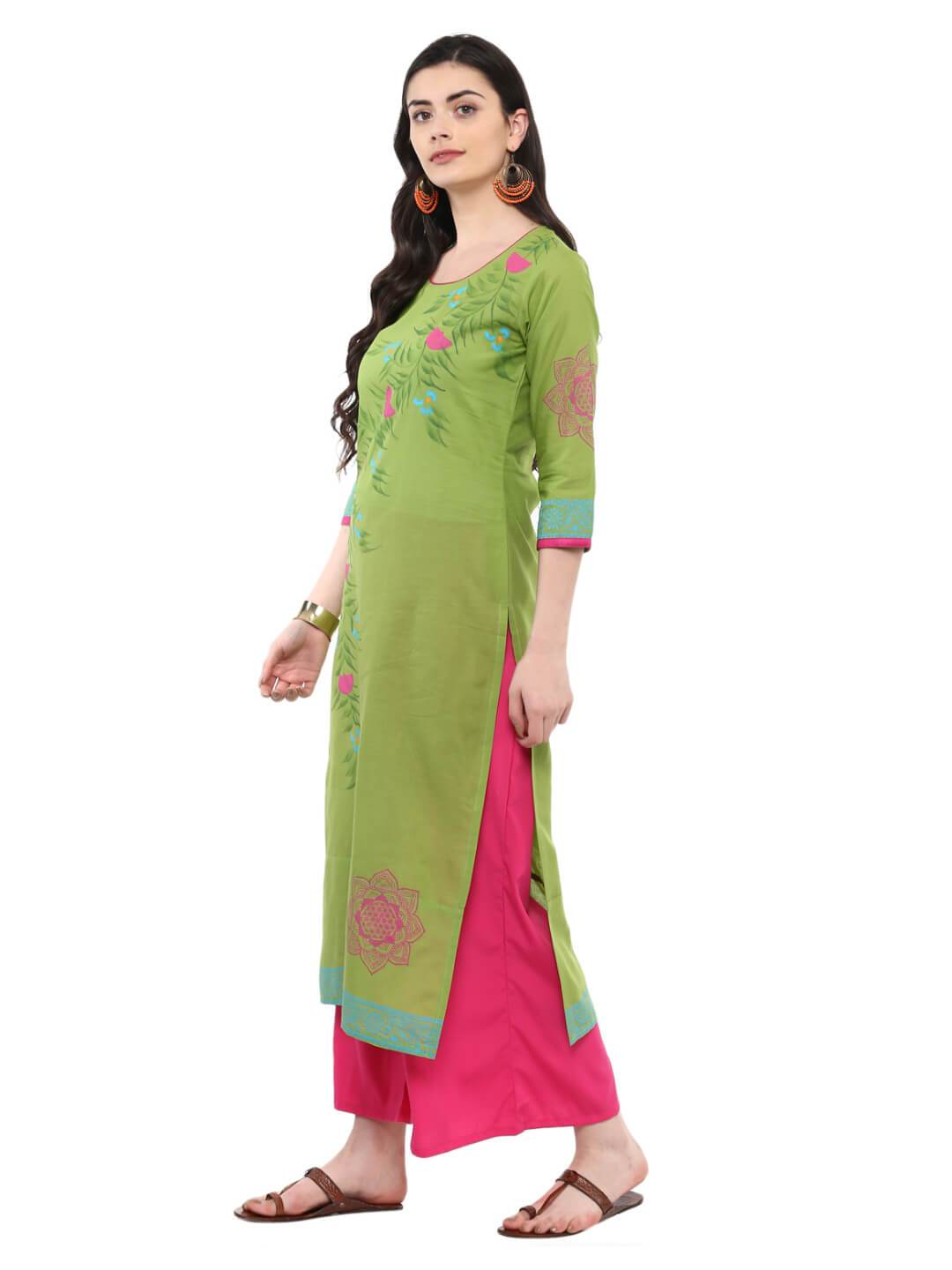 Women's Parrot Green Mandala Print Ajrakh Hand Block Cotton Kurta - Wahe-Noor