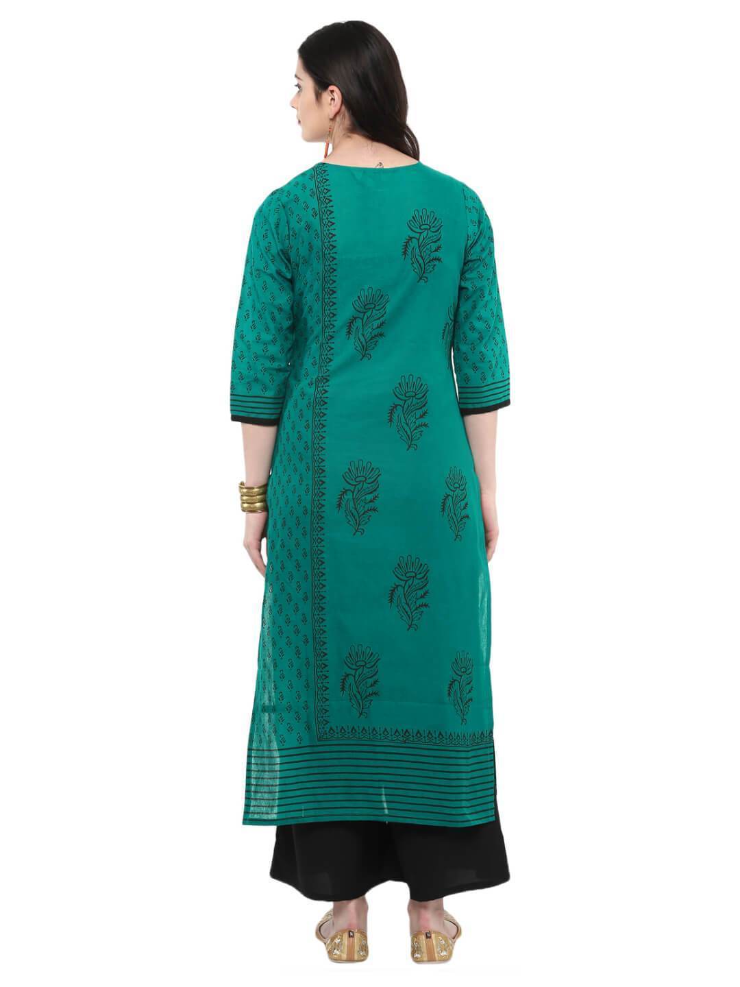 Women's Turquoise Ajrakh Hand Block Cotton Printed Straight Kurta  - Noz2Toz