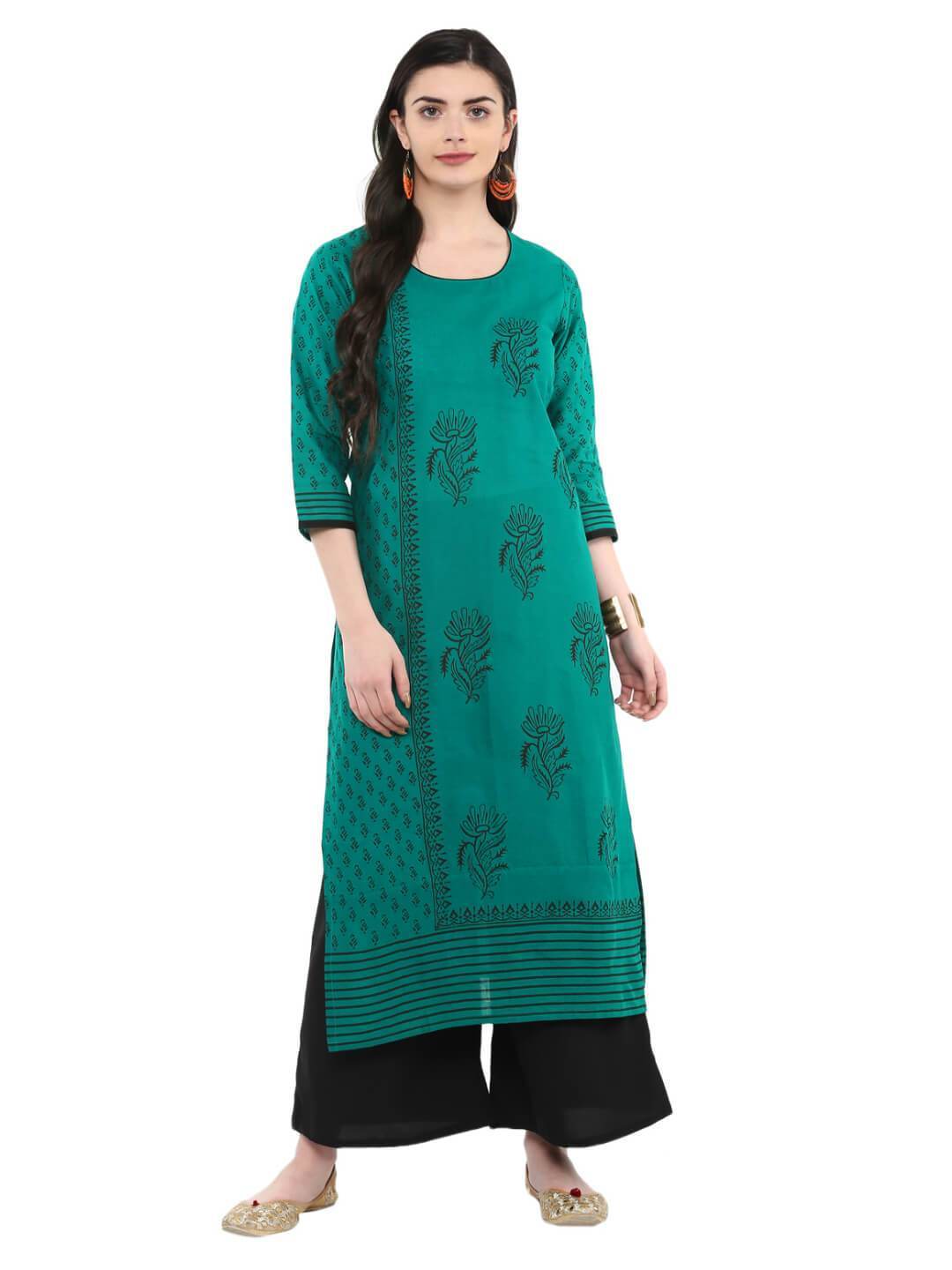Women's Turquoise Ajrakh Hand Block Cotton Printed Straight Kurta - Wahe-Noor