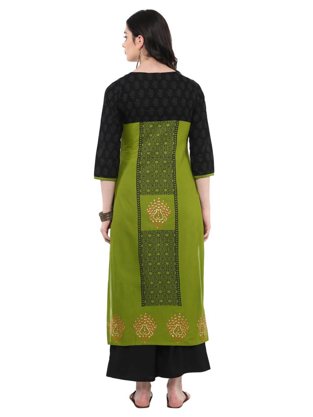 Women's Parrot Green & Black  Ajrakh Hand Blocked Printed Cotton Straight Kurta - Wahe-Noor