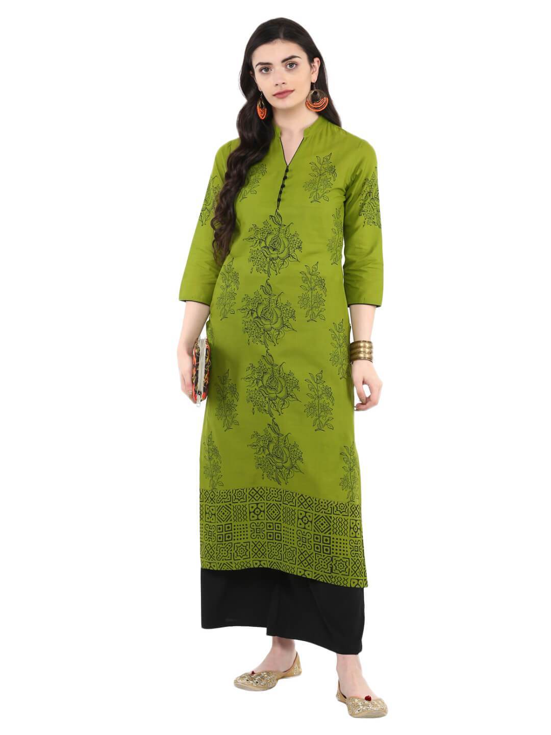 Women's Parrot Green Rose Print Ajrakh Hand Block Cotton Printed Straight Kurta - Wahe-Noor