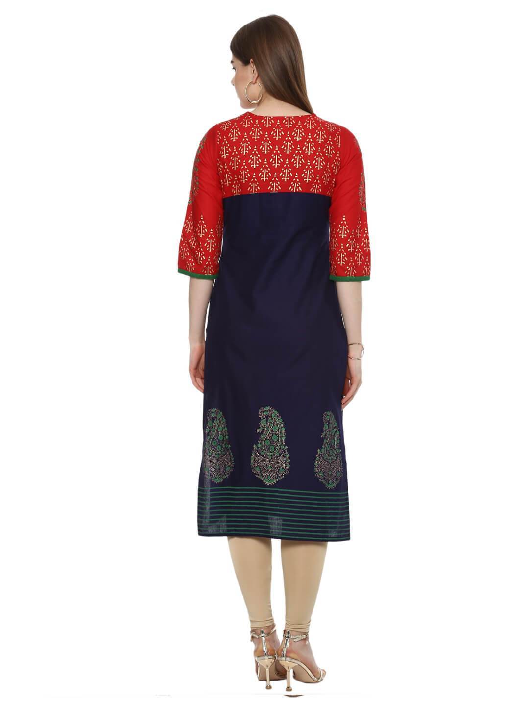 Women's Navy Blue And Red Striped Ajrakh Hand Block Cotton Printed Straight Kurta - Wahe-Noor