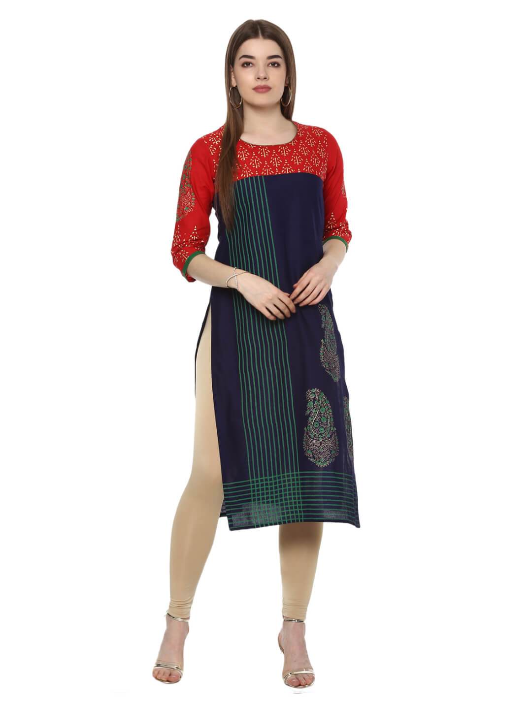 Women's Navy Blue And Red Striped Ajrakh Hand Block Cotton Printed Straight Kurta - Wahe-Noor