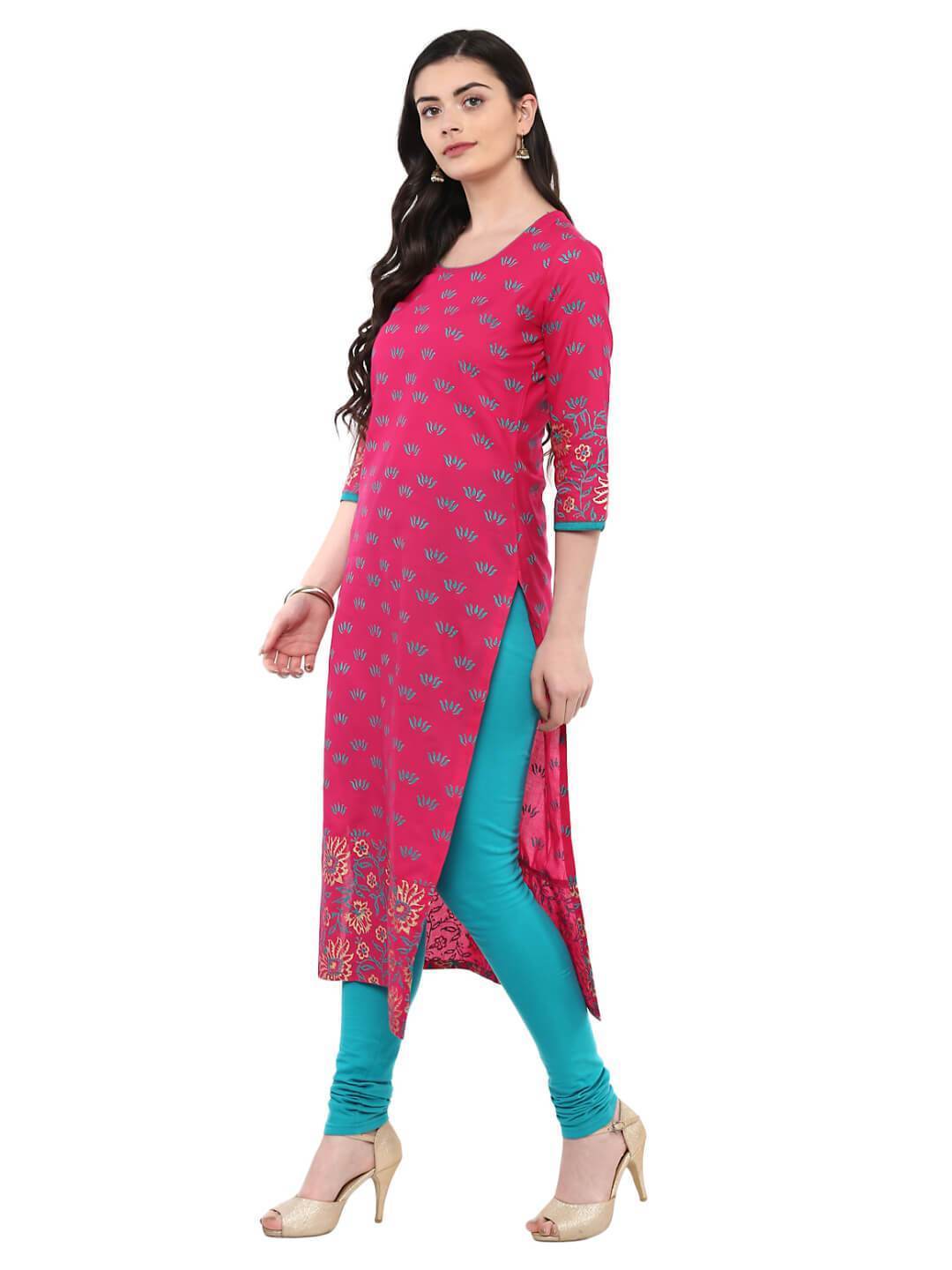 Women's Pink & Turquoise Floral Ajrakh Hand Block Cotton Printed Straight Kurta  - Noz2Toz