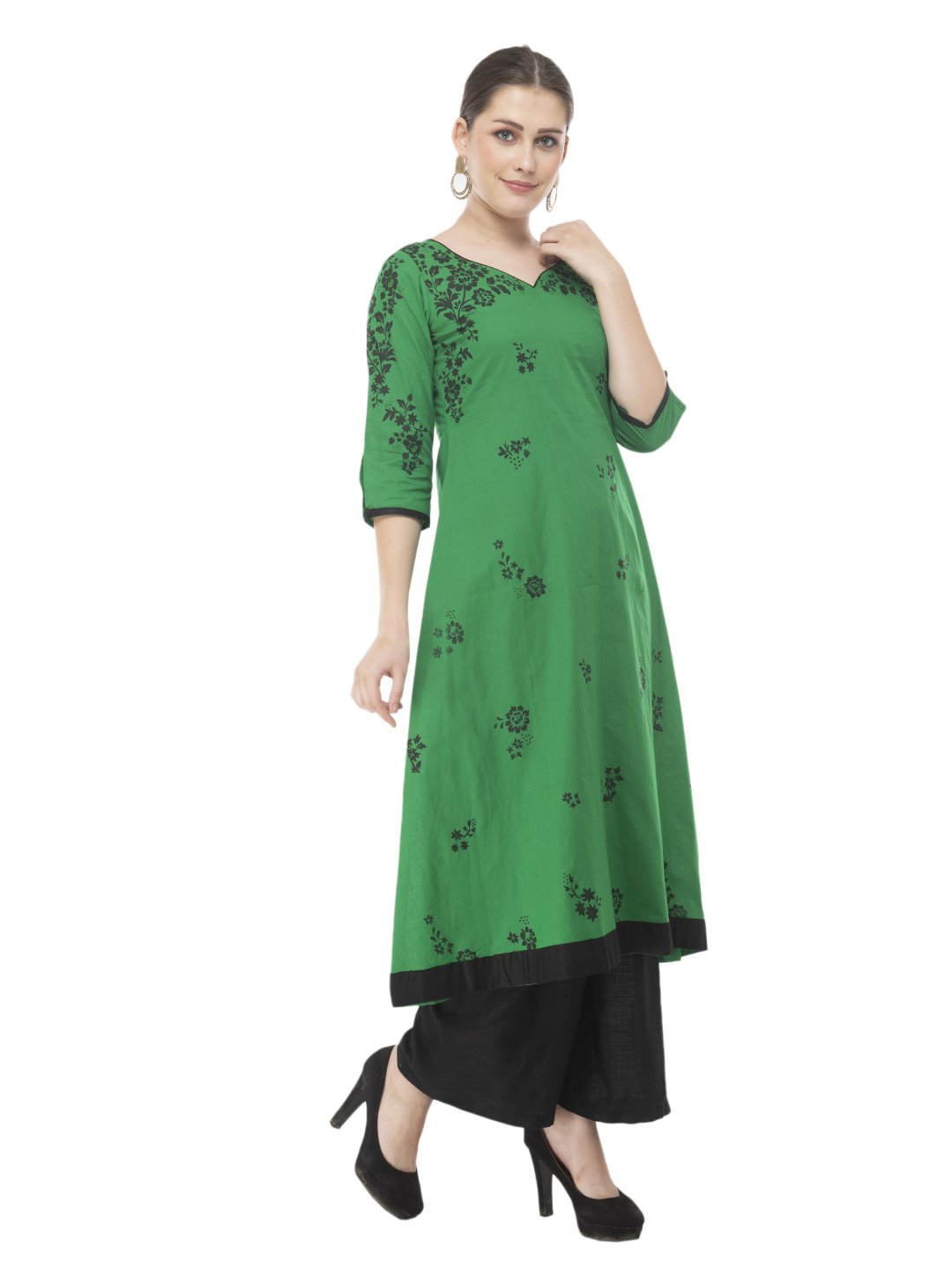 Women's Green & Black Minimal Cotton Anarkali With Ajrakh Hand Block Print - Wahe-Noor