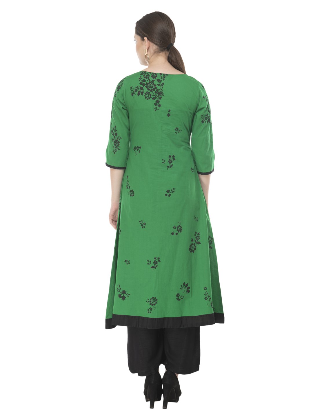 Women's Green & Black Minimal Cotton Anarkali With Ajrakh Hand Block Print - Noz2Toz