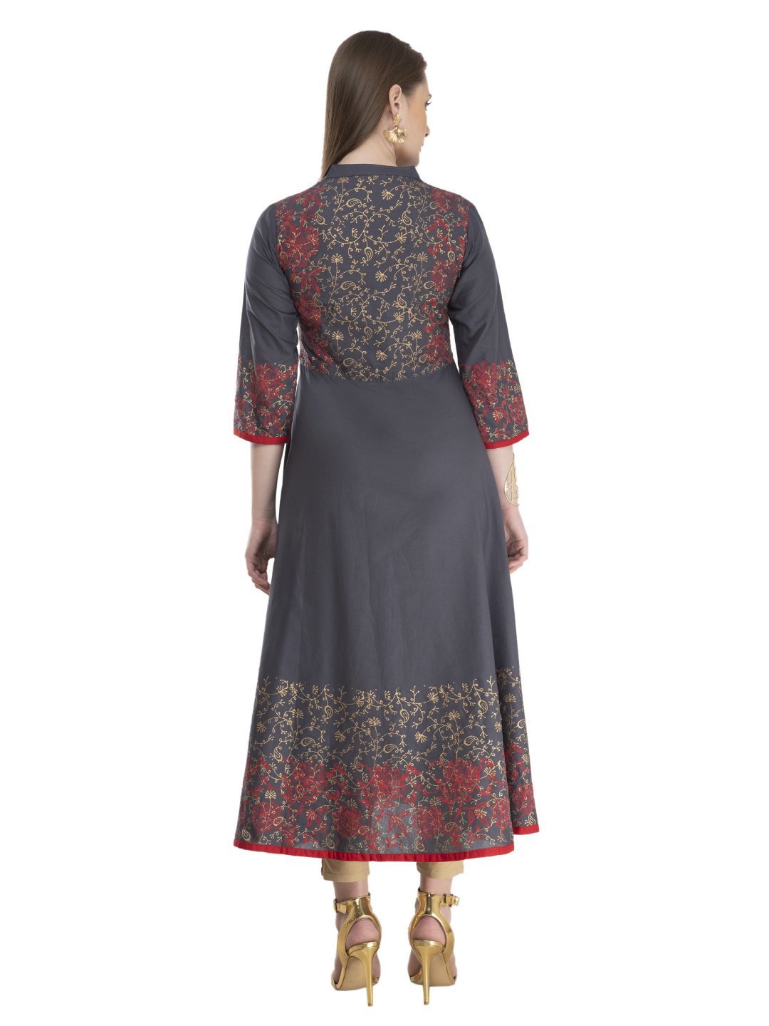 Women's Grey And Red Cotton Anarkali With Ajrakh Hand Block Print - Noz2Toz