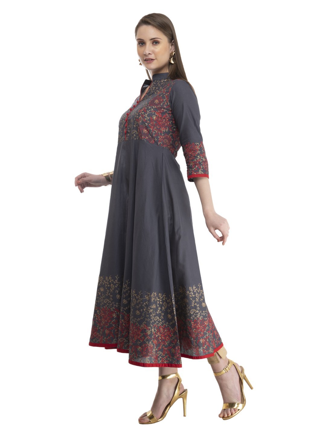 Women's Grey And Red Cotton Anarkali With Ajrakh Hand Block Print - Noz2Toz