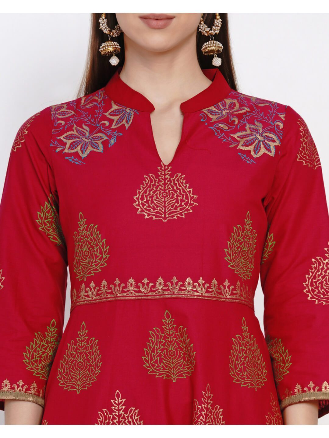 Women's Festive Red Ajrakh Hand Block Cotton Printed Anarkali - Noz2Toz