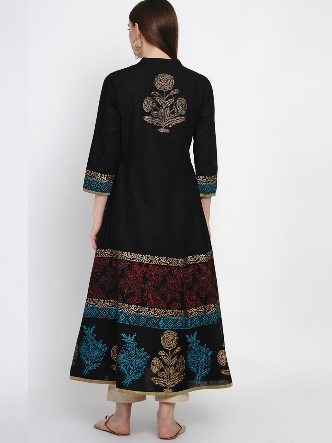 Women's Traditional Black Cotton Anarkali With Ajrakh Hand Block Print - Noz2Toz