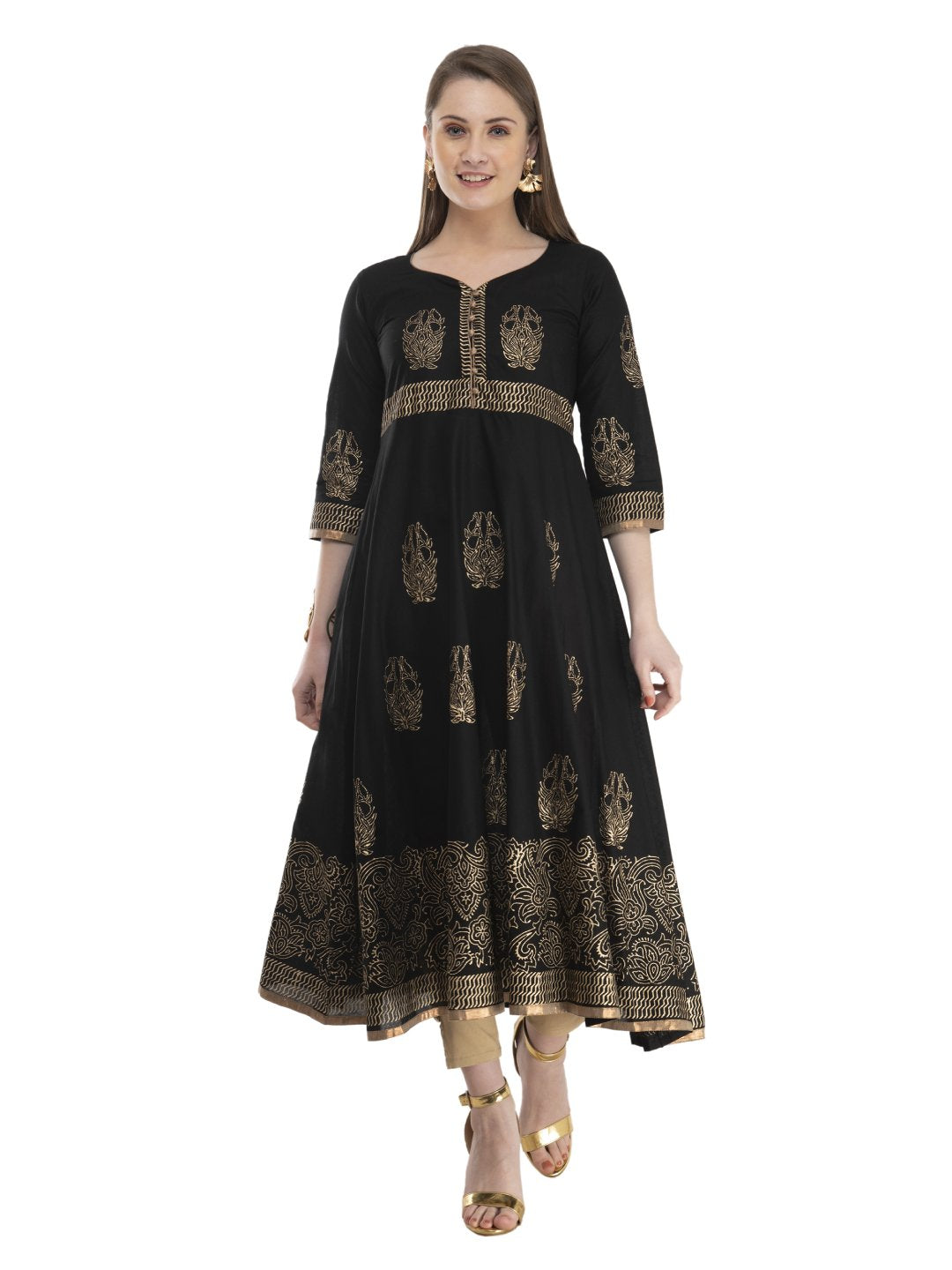 Women's Traditional Black Cotton Anarkali With Ajrakh Hand Block Golden Foil Print - Noz2Toz