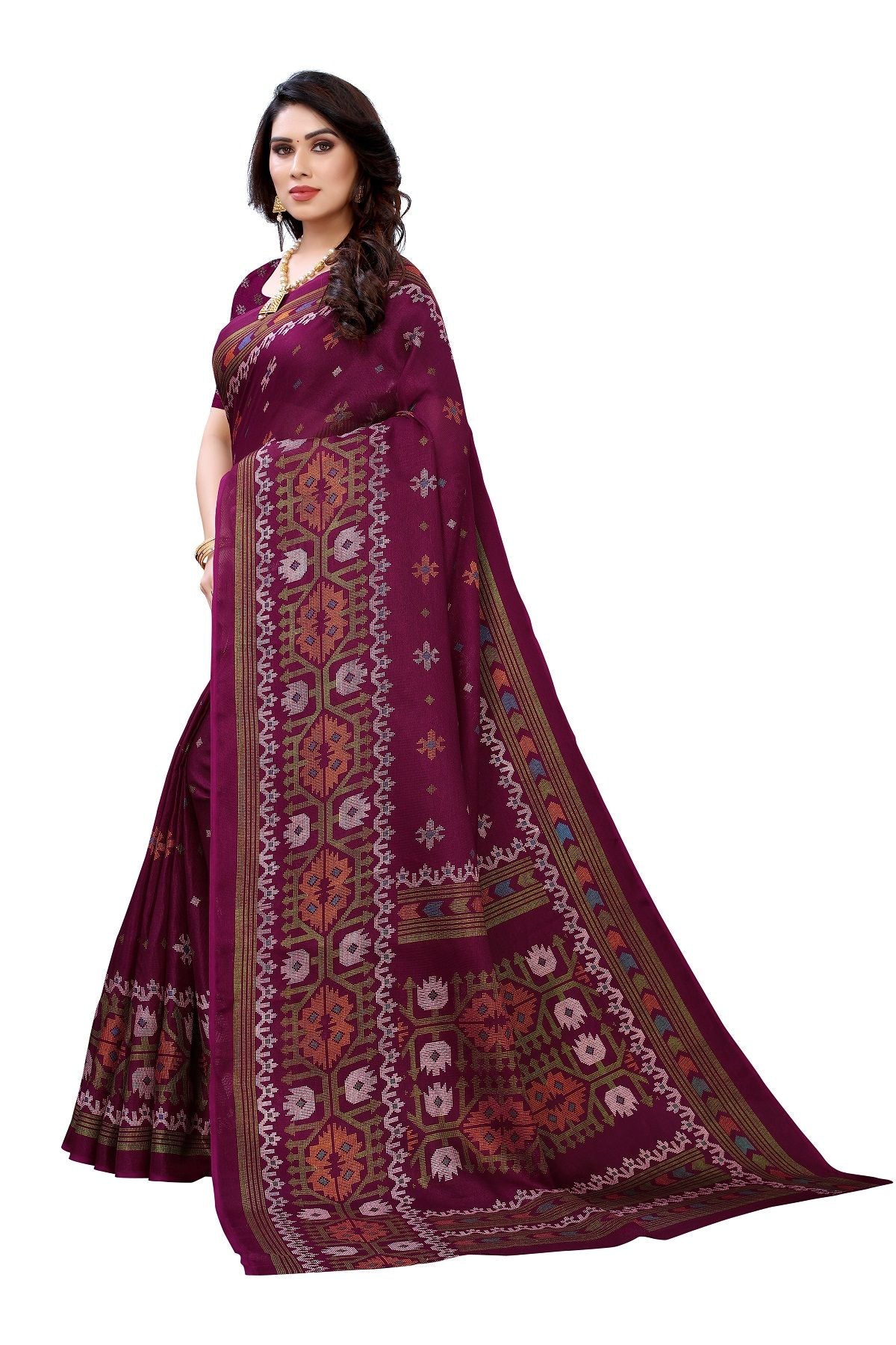 Women's Printed Jute Silk Purple Saree - Vamika