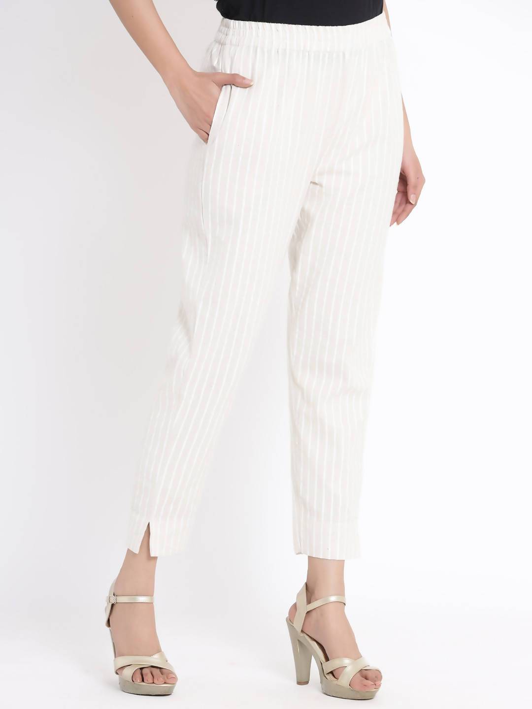 Women's Natural Cotton Flex Striped Straight Pant With Scrunchie - Juniper