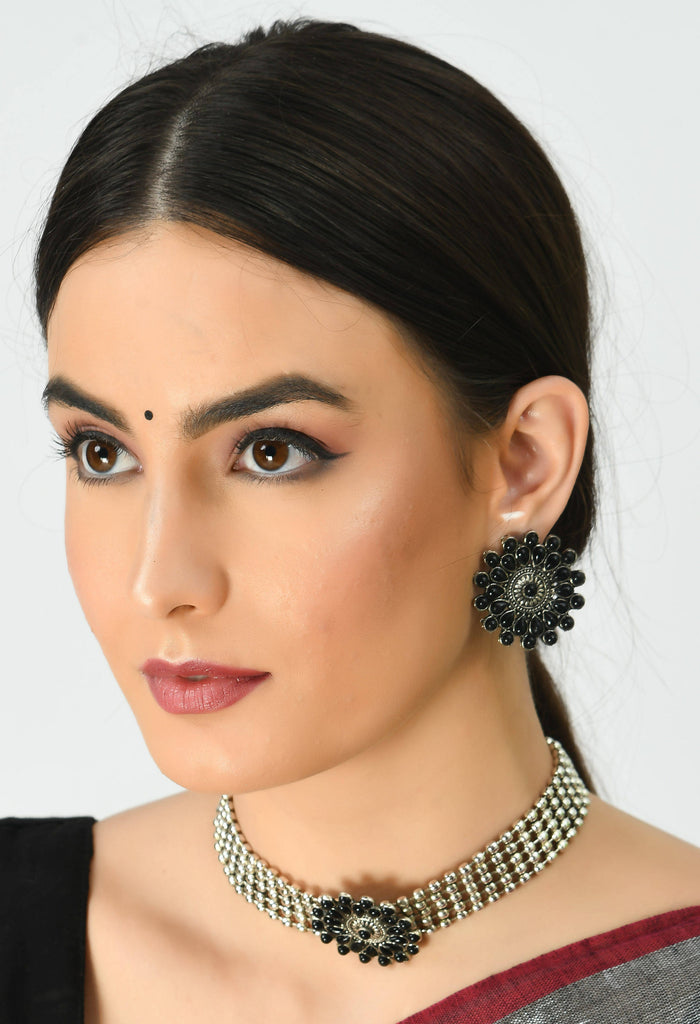 Johar Kamal Oxidised Silver-Plated Black Color Chokar Necklace with Ear