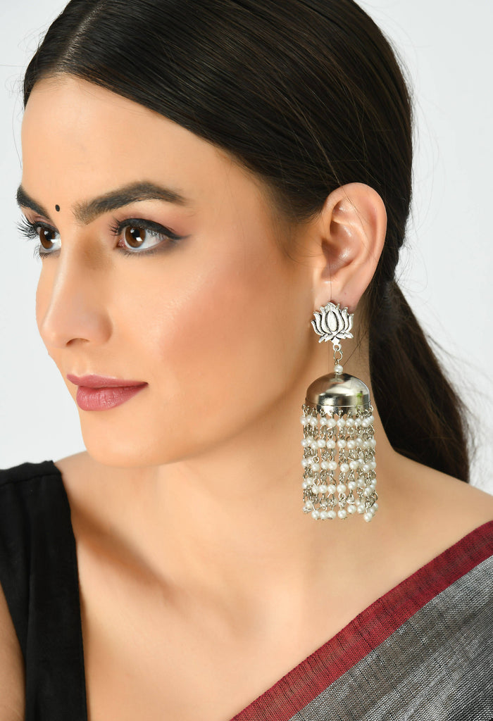 Johar Kamal Silver-Plated Lotus design Earrings with Pearls Jh