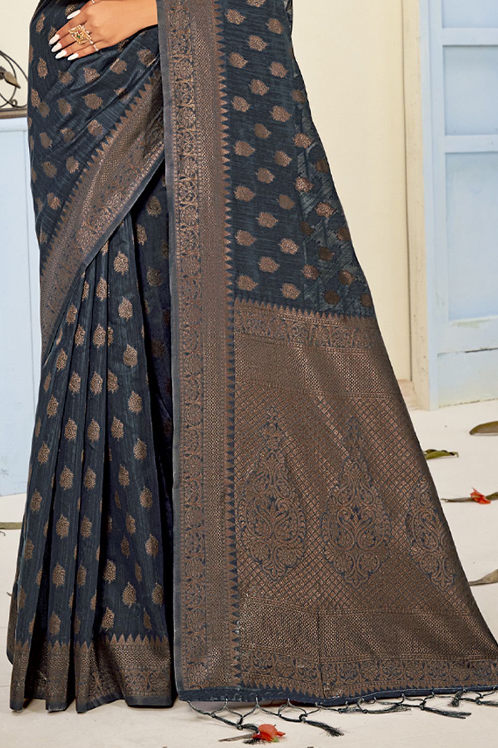 Women's Navy Blue Cotton Woven Zari Work Traditional Tassle Saree - Sangam Prints