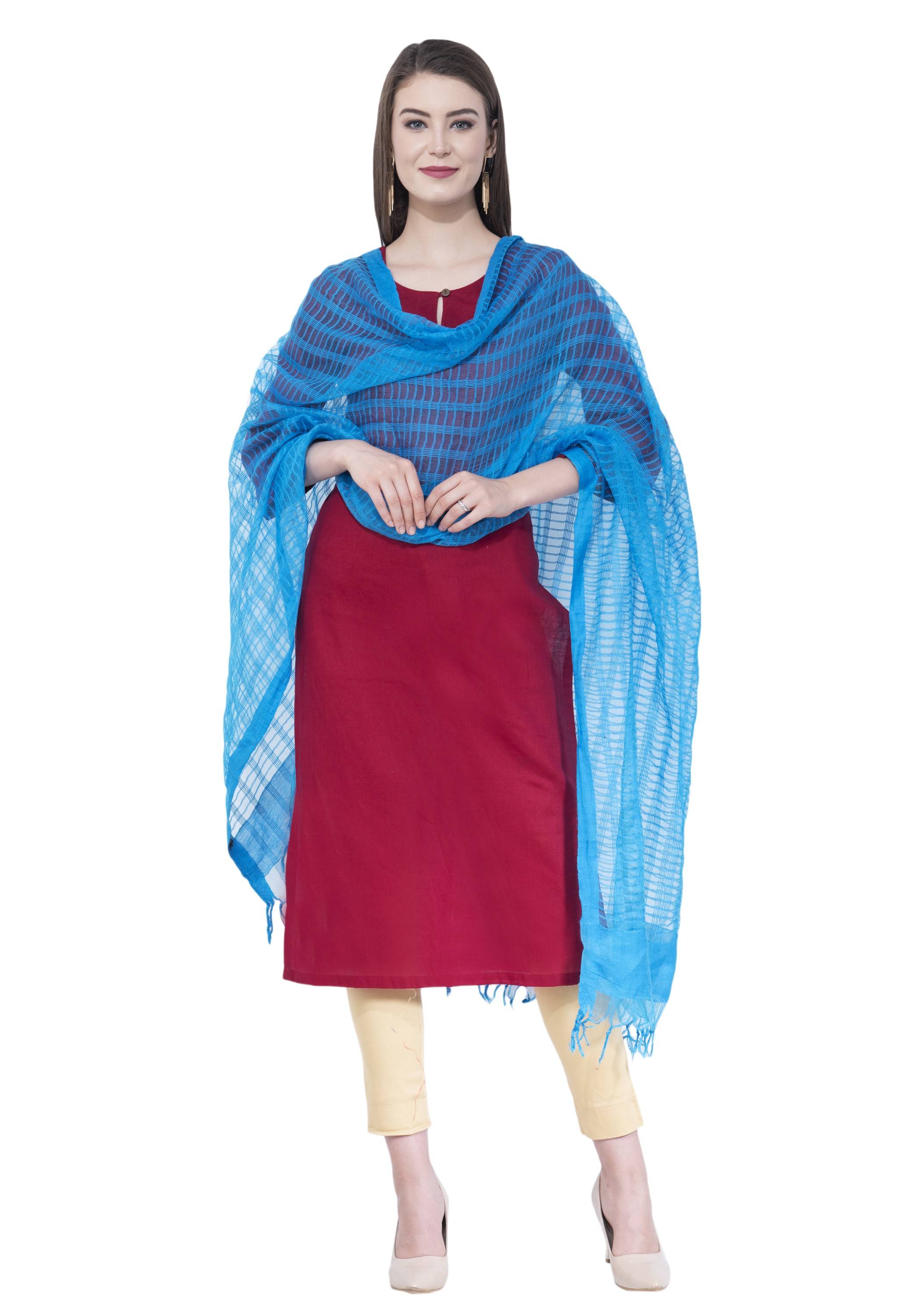 A R Silk Women's Self Check Cota Cotton Firozi Dupattas and Chunnis