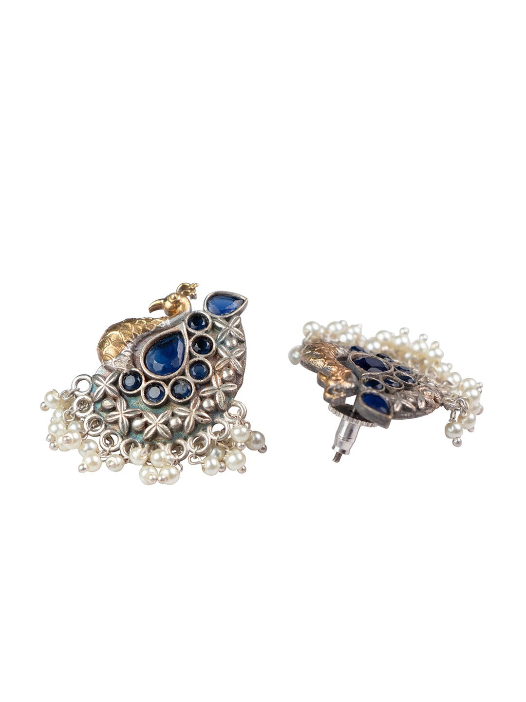 Women's Blue Silver Plated & Gold Plated Peacock Shaped Drop Earrings - Morkanth