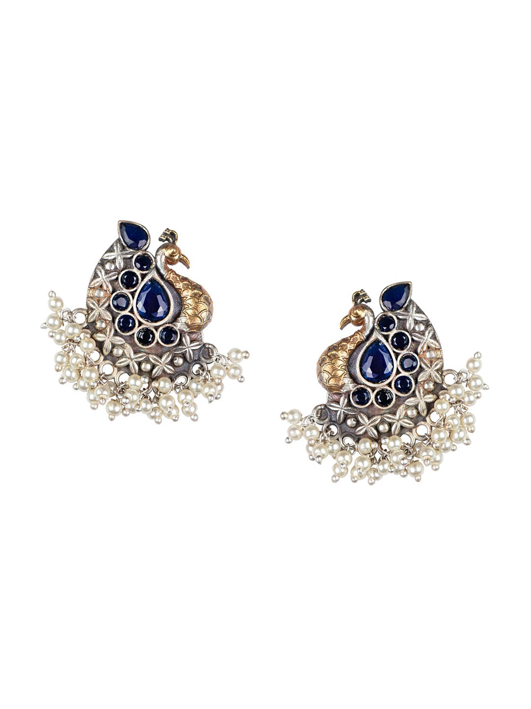 Women's Blue Silver Plated & Gold Plated Peacock Shaped Drop Earrings - Morkanth