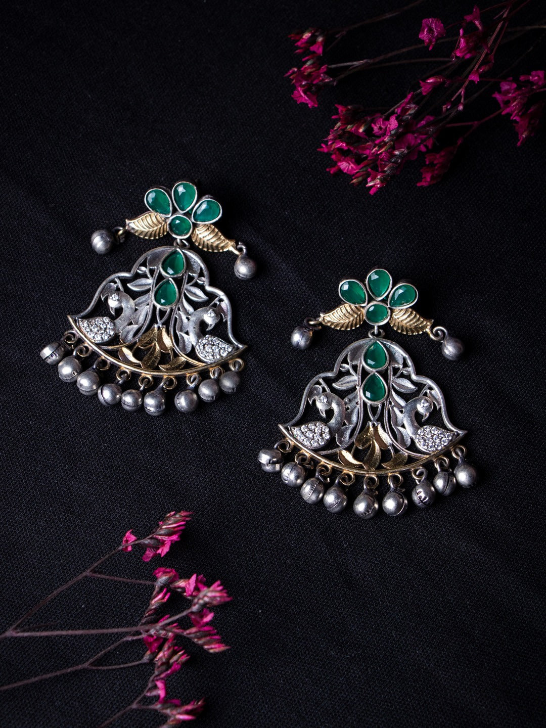 Women's Silver-Plated & Green Contemporary Studs - Morkanth