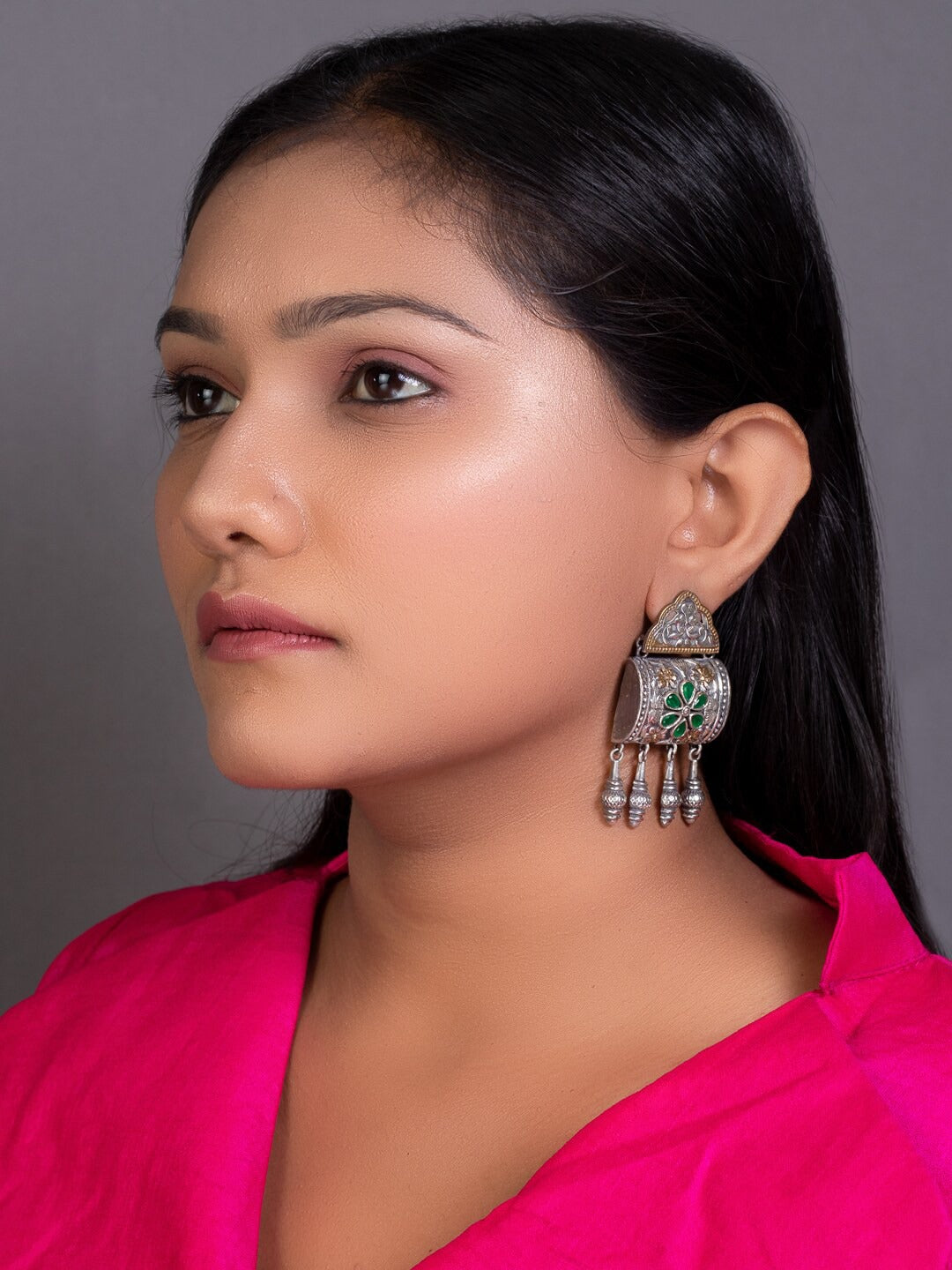 Women's Silver Plated & Green Contemporary Drop Earrings - Morkanth