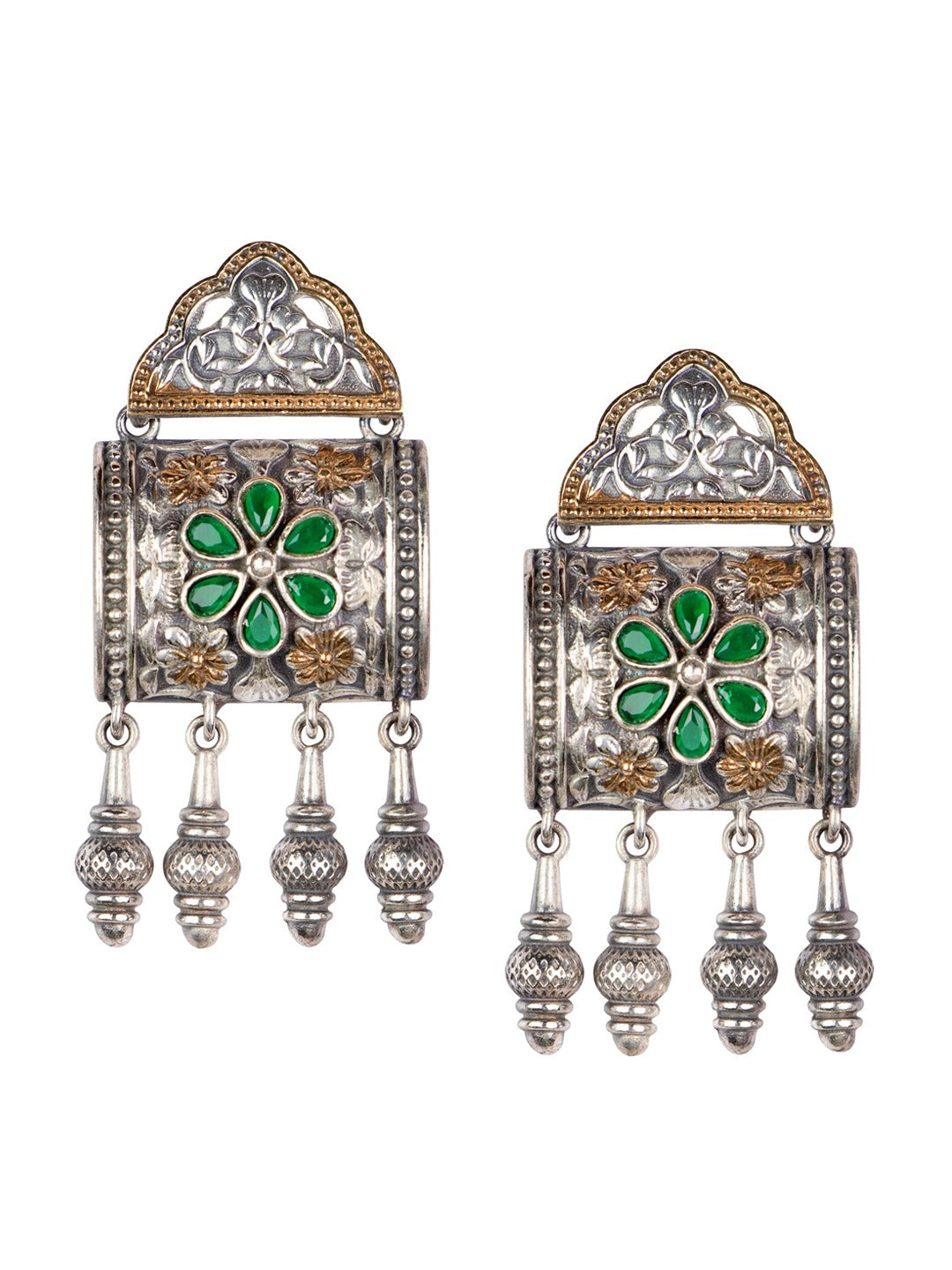 Women's Silver Plated & Green Contemporary Drop Earrings - Morkanth