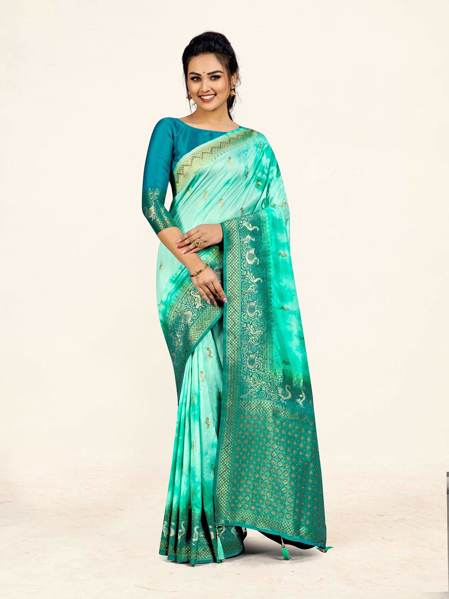 Women's Stylish Saree With Blouse Set-Sea Green- Sweet Smile