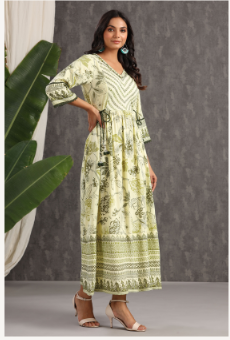Women's Light Olive Rayon Printed Flared Dress - Juniper