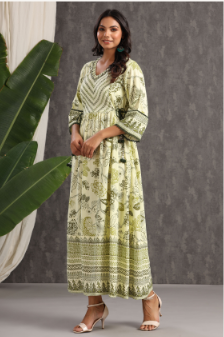Women's Light Olive Rayon Printed Flared Dress - Juniper
