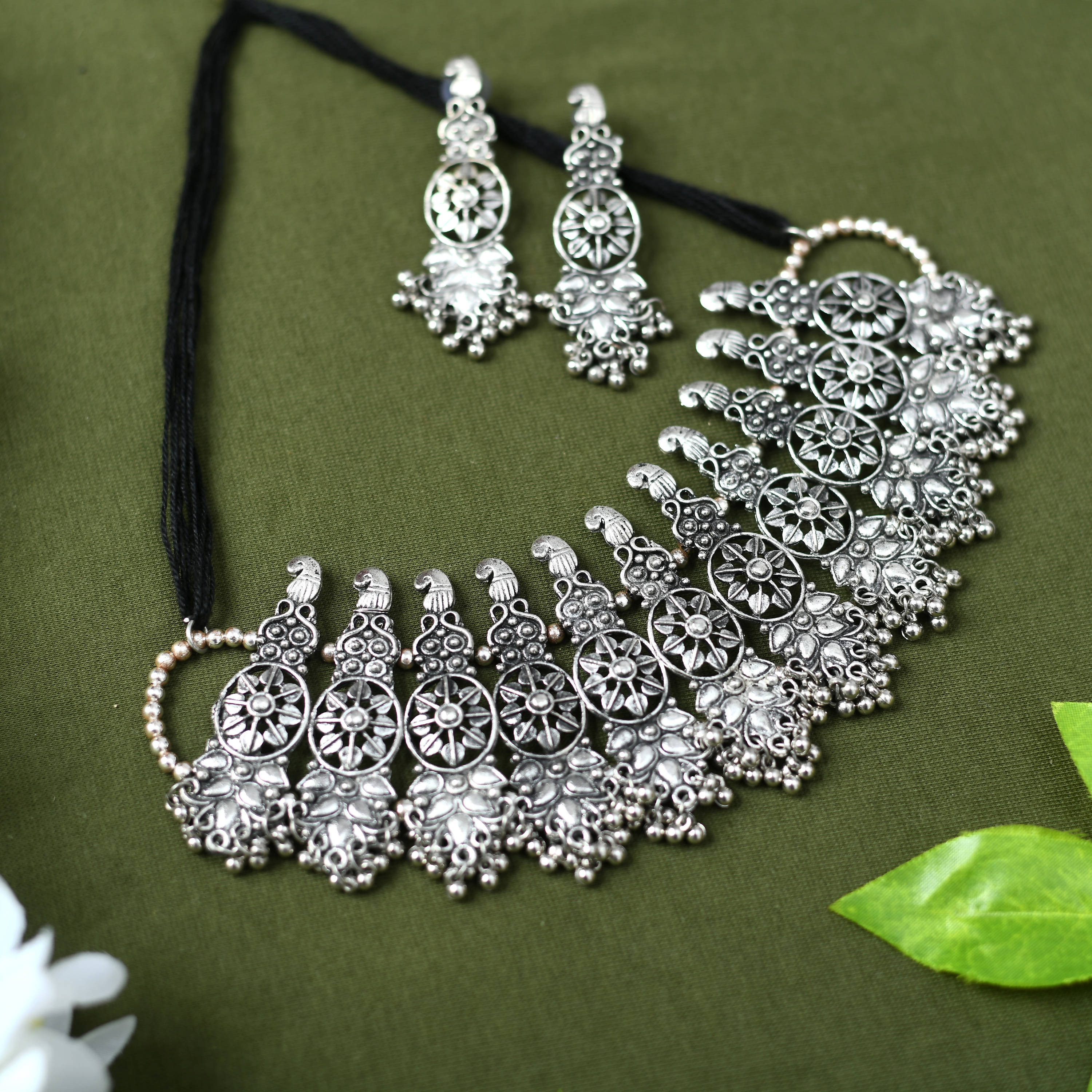 Kamal Johar Silver-Plated Oxidised Necklace & Earrings Jkms_107