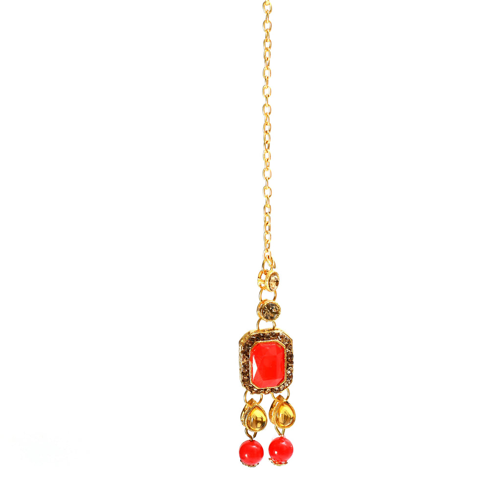 Kamal Johar Gold-Plated Red Color Stone & Pearls Necklace with Earrings ,
