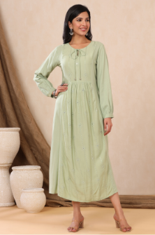 Women's Light Olive Rayon Embroidered A-Line Dress - Juniper
