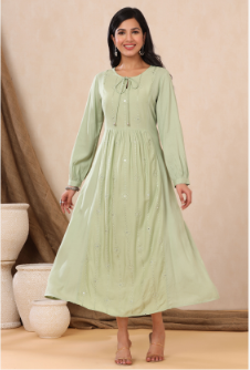 Women's Light Olive Rayon Embroidered A-Line Dress - Juniper