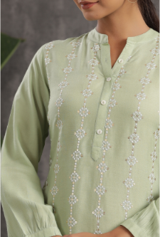 Women's Light Olive Rayon Embroidered Straight Kurta Pant Set - Juniper