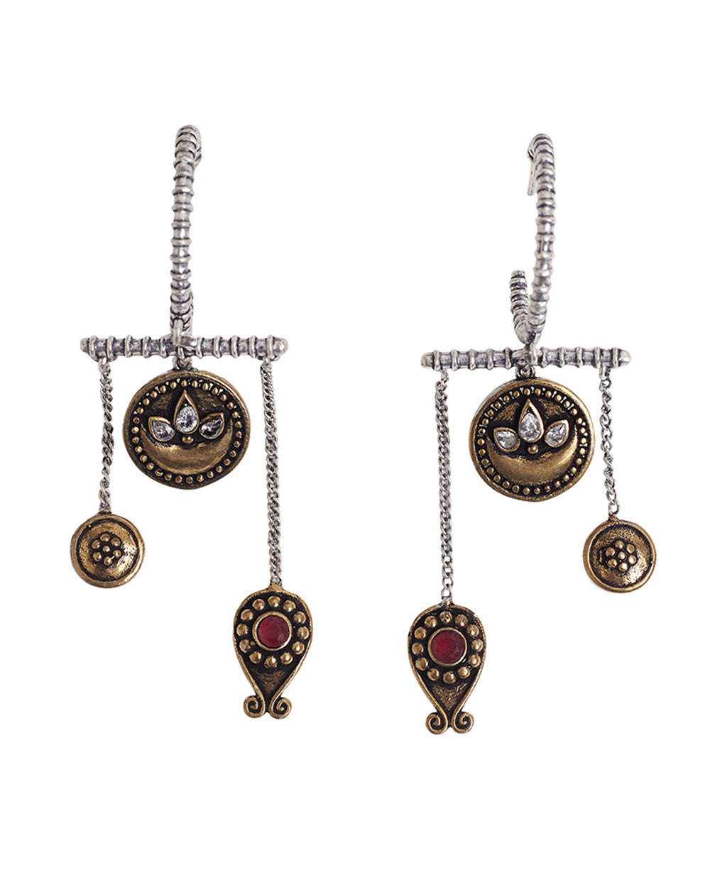 Women's Chamba Half Moon Design Asymmetrical Silver Plated Brass Drop Earrings - Voylla